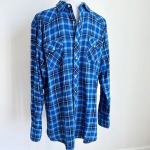 Wrangler Men’s Blue Plaid Pearl Snap Button Up Flannel Shirt, size XL Tall